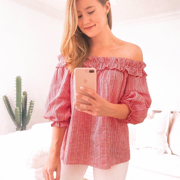 Very J Tops - Very J red gingham off the shoulder top